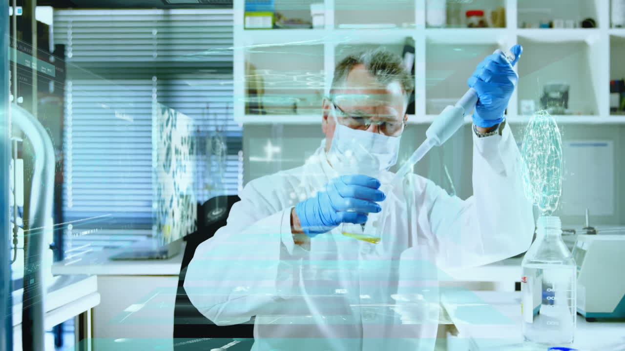 Scientist in lab coat conducting experiment with digital data overlay animation