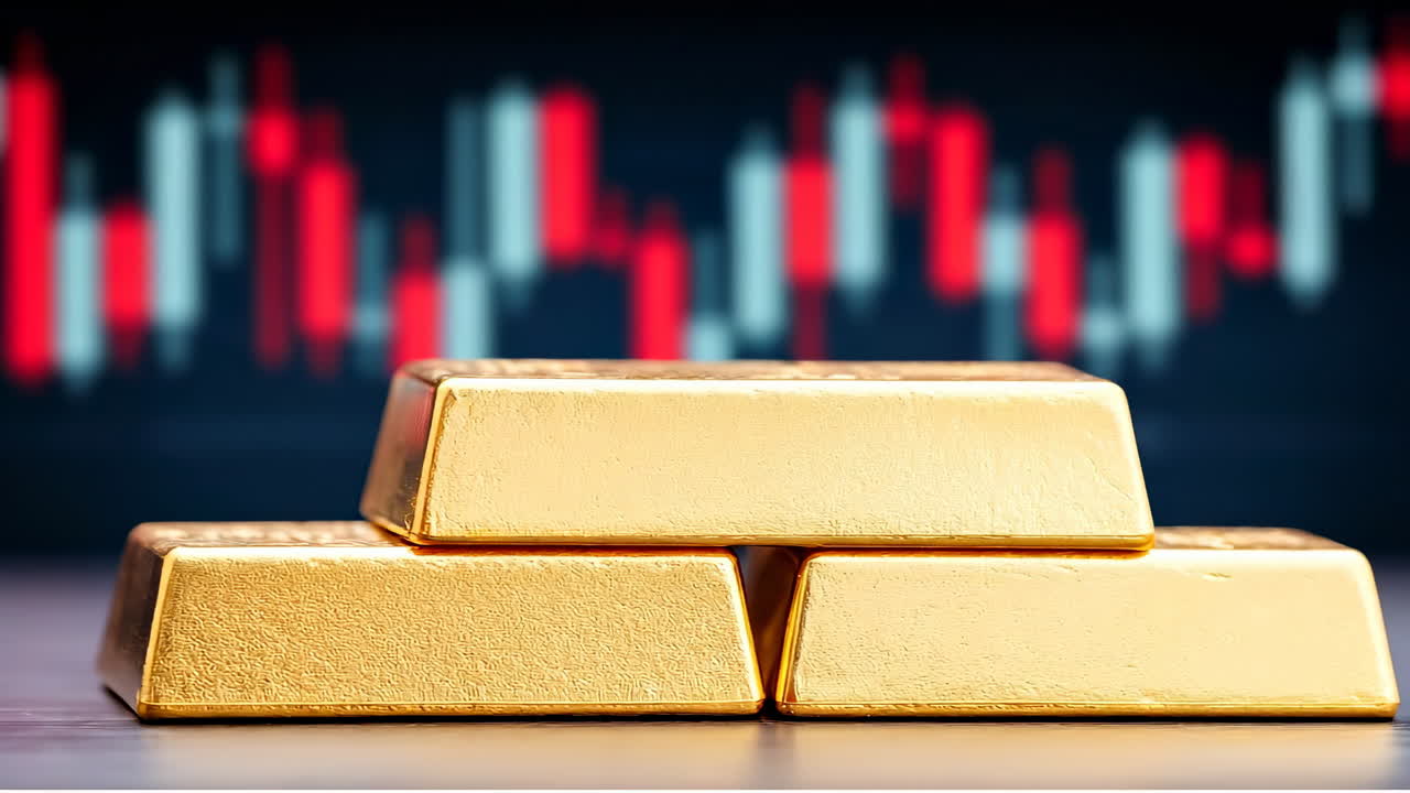 Gold bars and stock charts. Three shiny gold bars rest on a surface, while a colorful stock market chart appears blurred in the background