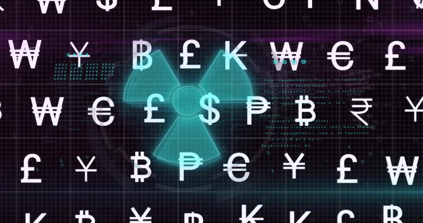 Superposición de símbolos financieros digitales y símbolo radiactivo sobre un fondo oscuro.