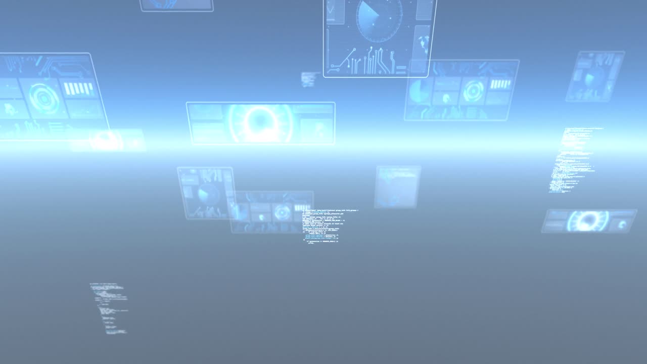 빛나는 파란색 배경 위의 화면에서 데이터 처리 및 스 ⁇  스캐닝의 애니메이션