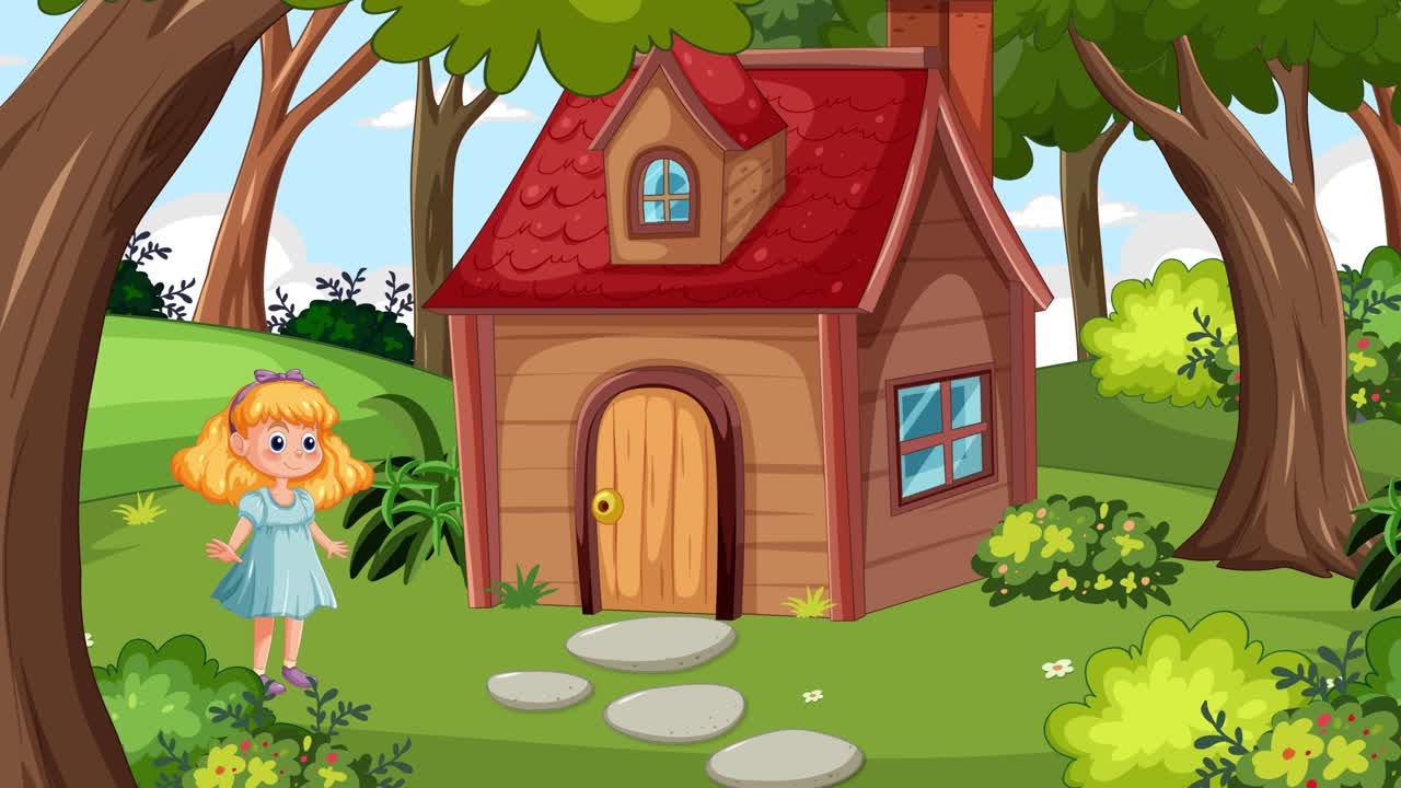 una chica se acerca y entra en una pequeña cabaña