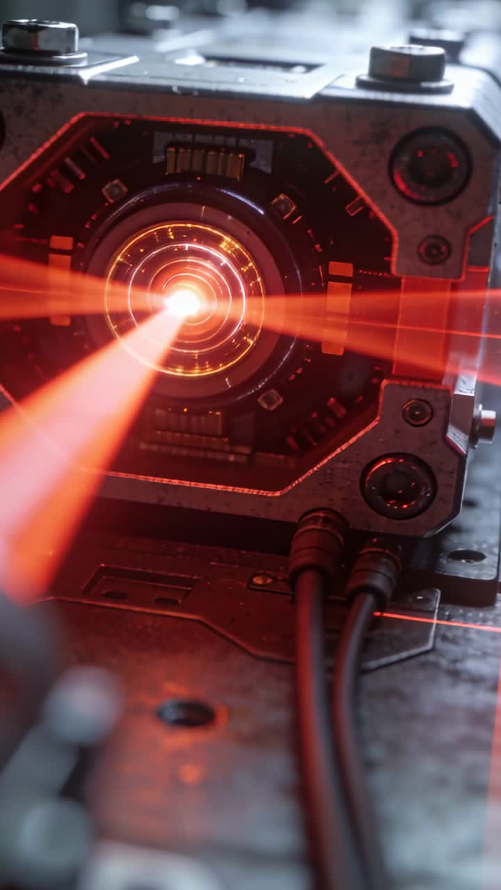Blurred nozzle emitting red beam, optical module receiving beam and lighting HUD rings in tech test
