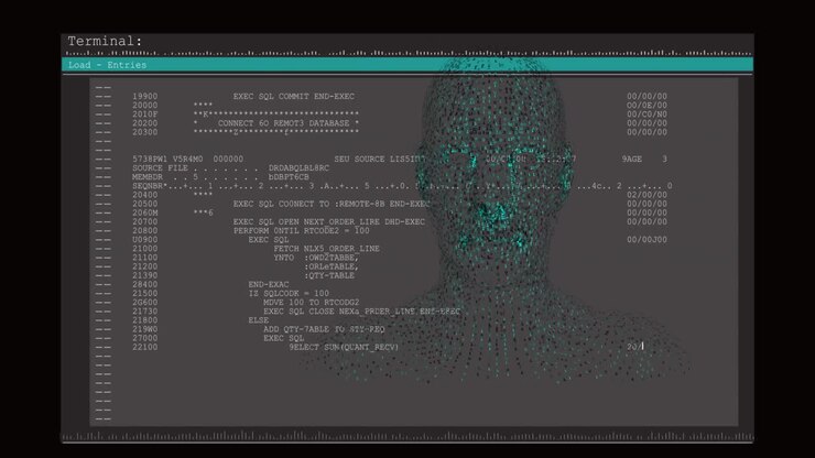 Animation of digital human over data processing on black background