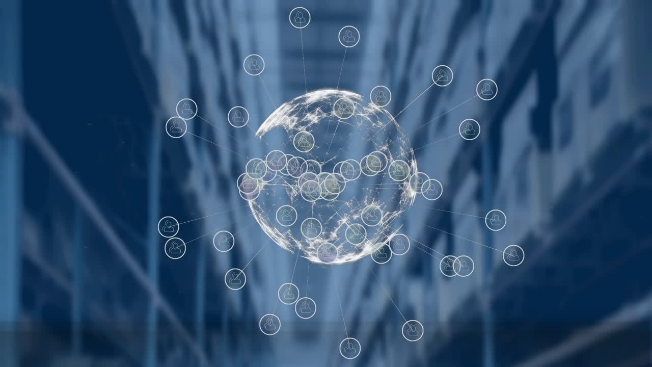 전 세계에 걸쳐 여러 개의 디지털 아이콘이 배경에 창고에 대해 회전하고 있습니다.