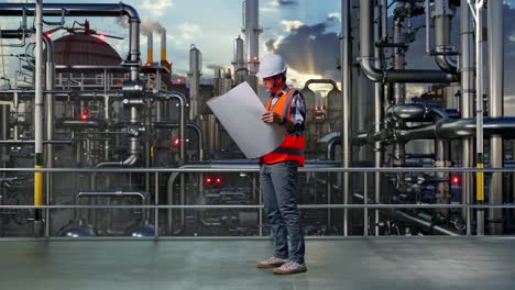 full body side view of asian male engineer with safety helmet looking at blueprint in his hands and looking around while standing in a refinery, oil processing equipment and machinery