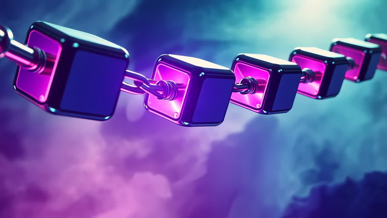 Panning camera revealing revolving cube chain across nebula backdrop, with magenta and cyan glints