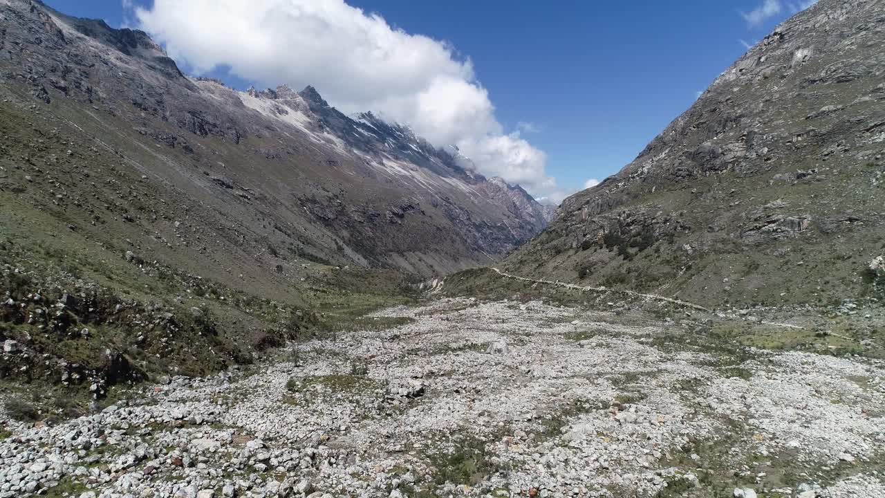 A rugged Andean valley with scattered rocks, towering peaks, and a vibrant blue sky. Ideal for travel blogs, adventure content, and nature-themed video