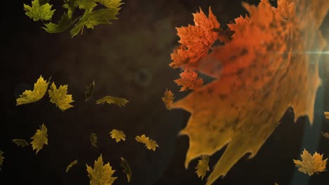 Animation-Von-Herbstblättern-über-Leuchtendem-Licht-Auf-Dunklem-Hintergrund