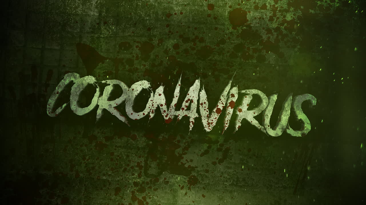 texto de primer plano animado coronavirus y fondo de horror místico con sangre oscura y cámara de movimiento