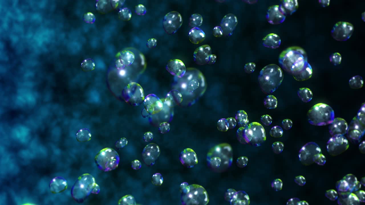 Flying many water drops on black background. Pure droplets. Transparent surface. 3D animation of air bubbles rotating. Loop animation.