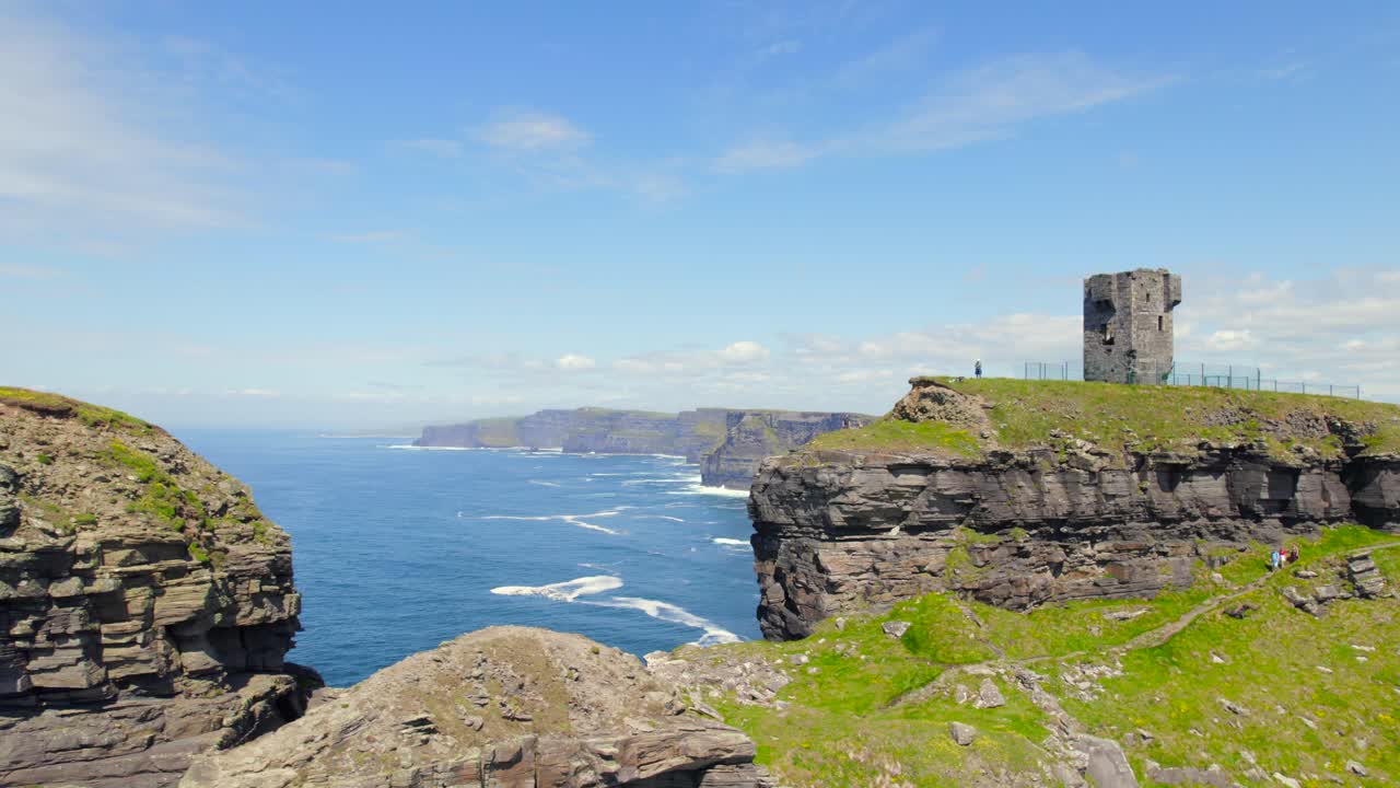 imágenes aéreas revelan los acantilados de moher desde detrás de una roca donde se encuentra la torre de moher