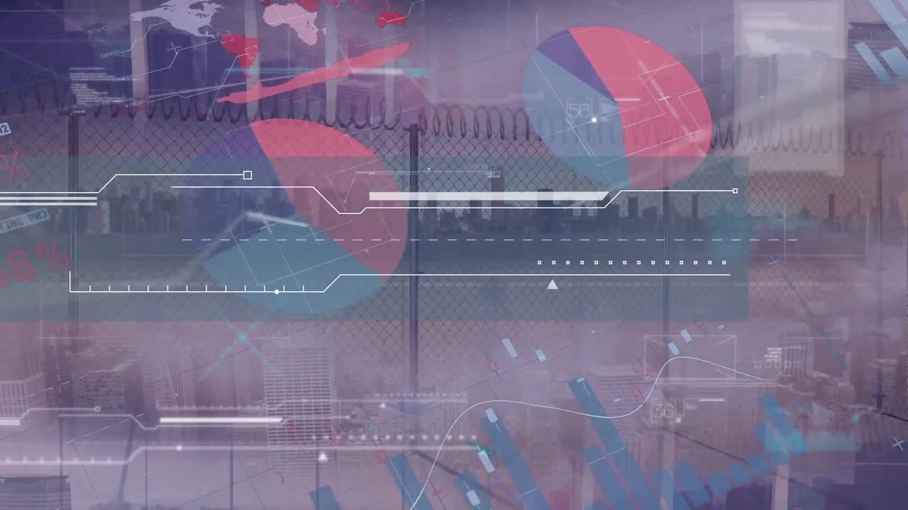 도시 풍경 위의 데이터 처리 애니메이션