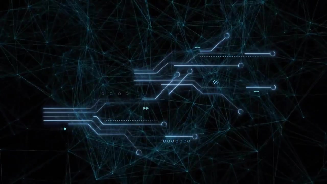 Cyan HUD cluster sending pulses from leftmost bars along branches, lighting nodes, visualizing data