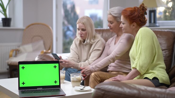 Laptop with chromakey template mockup on table with blurred women surfing Internet on smartphone talking sitting at background. Device with green screen indoors and friends resting on weekend