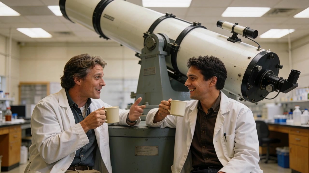 After sipping, two scientists in lab coats chatting during coffee break by telescope, holding mugs