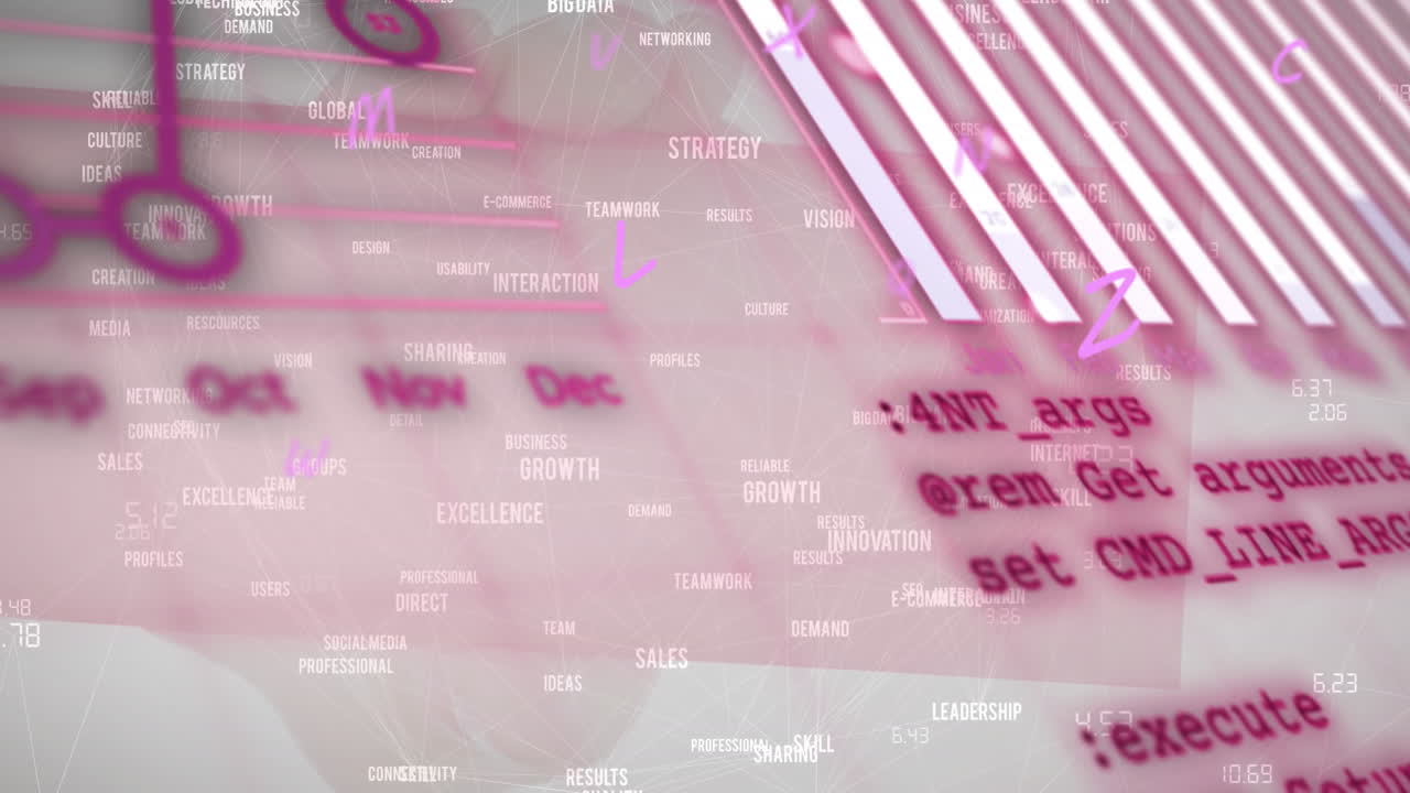 animación de la red de textos de conceptos empresariales y procesamiento de datos estadísticos en fondo gris.