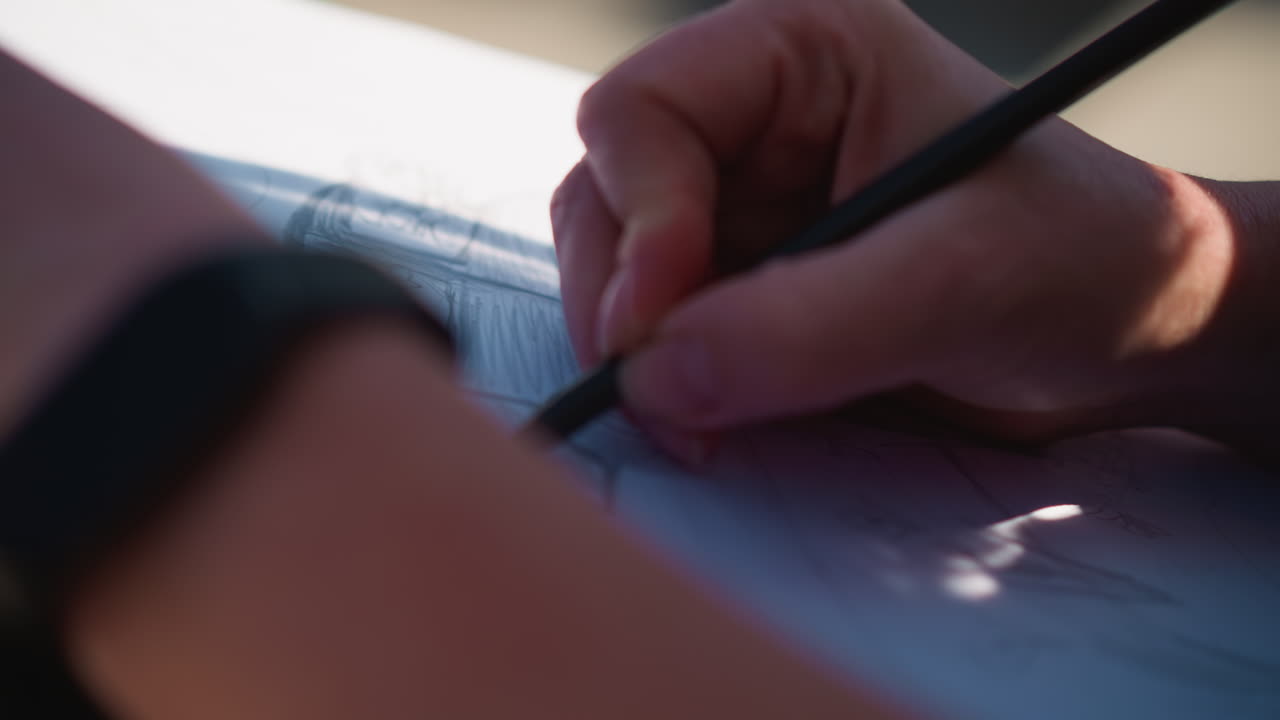 Close up of woman artist sketching car design on paper with pencil, sunlight and shadow creating contrast on drawing surface, capturing creativity, focus, and artistic motion