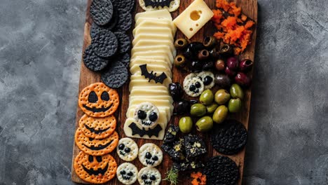 halloween themed cheese and cracker board with olives and snacks