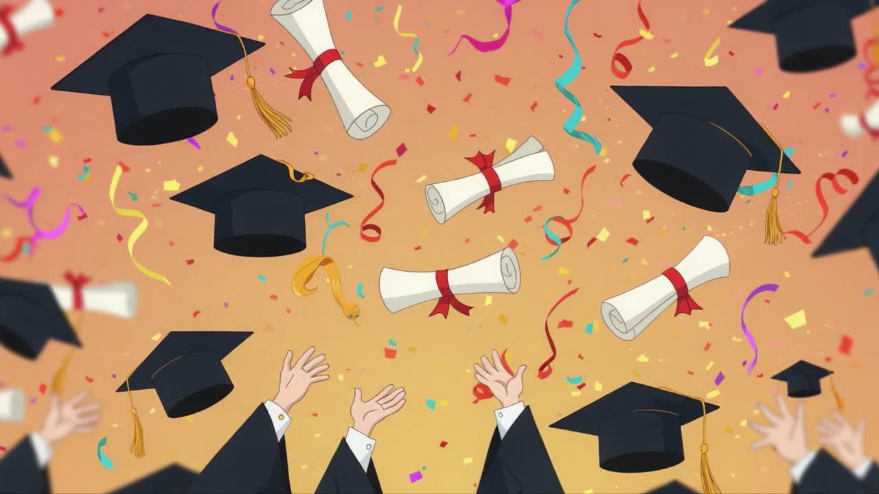Celebratory Graduation Moment with Throwing Caps and Diplomas, Signifying Achievement, Success, and Joy in a Colorful Atmosphere Filled with Confetti