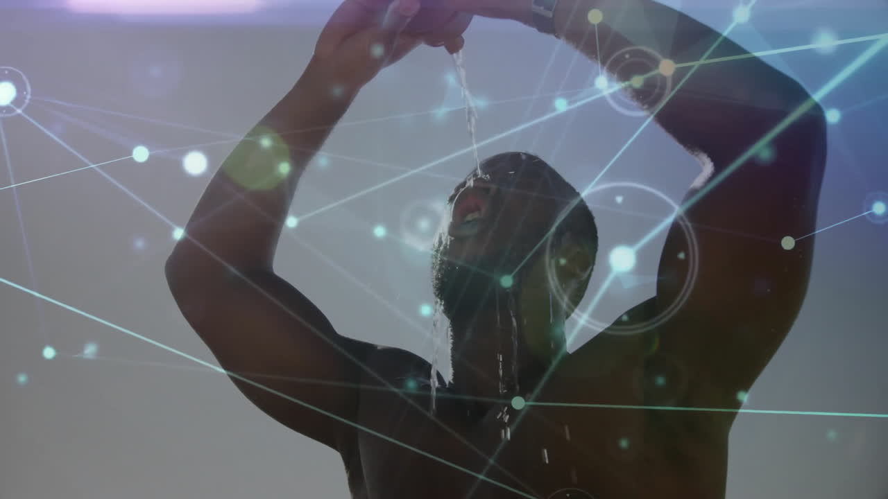Showering outdoors, man with digital network connections overlay animation visible