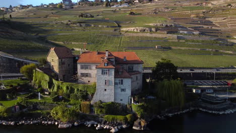 drone fly around the castlle of rivaz and reveal the lake léman, vevey, montreux, in switzerland