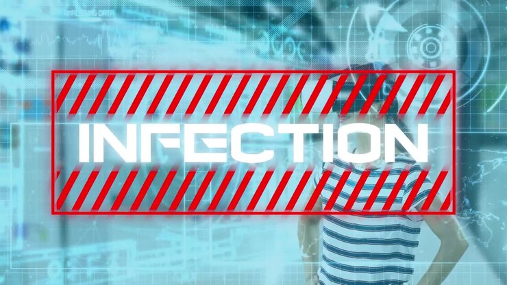 Animation of infection text and data processing over woman wearing vr headset