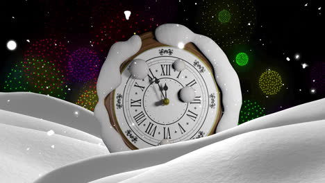 Animation-of-retro-clock-ticking-showing-midnight-in-winter-scenery