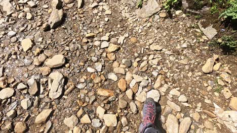 view from a hiker lokng down while crossing a river in the mountains