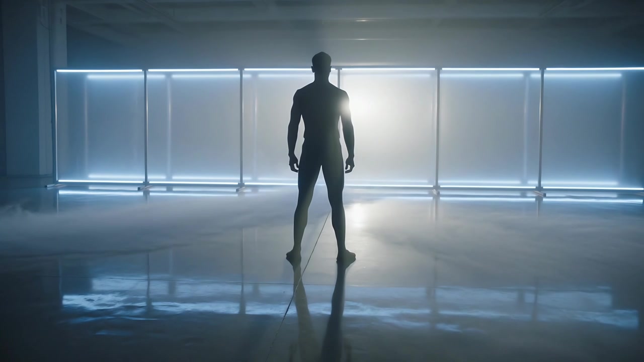 Standing man in dark suit barefoot shifting in studio, backlight panels casting halo for staging