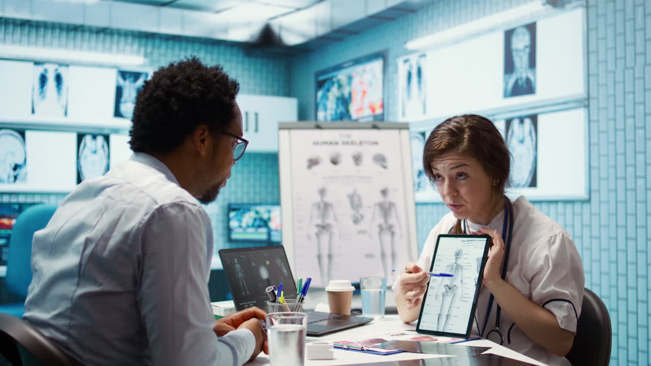 Healthcare provider presenting lab test results to a patient in cabinet