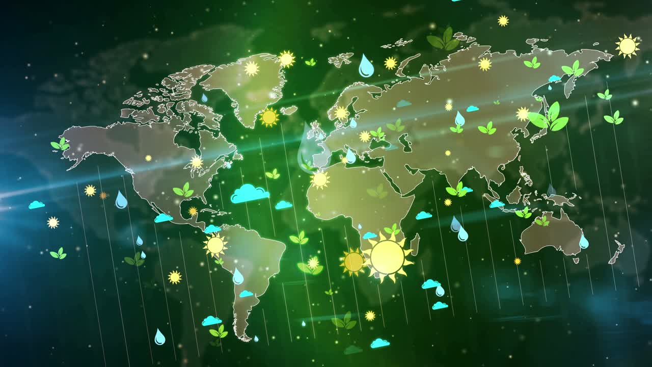 Environment and ecology symbols on world map loop and seamless background
