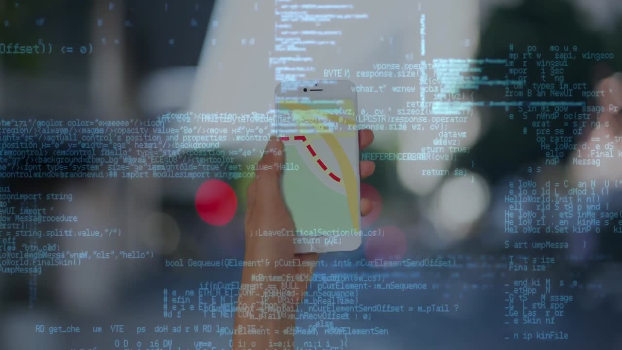 Animation of data processing over woman using smartphone