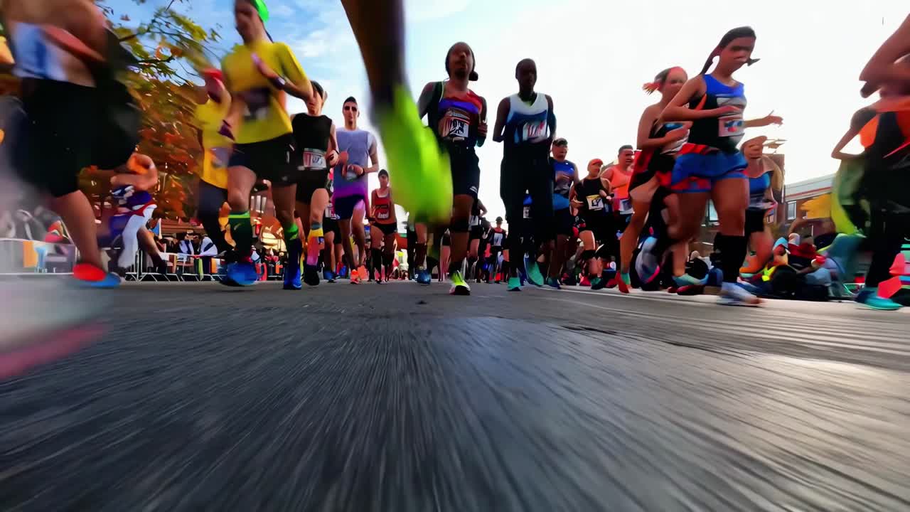 Videoaufnahme im tiefen Winkel von MarathonläuferInnen, die dynamische Bewegung und lebendige Energie einfängt