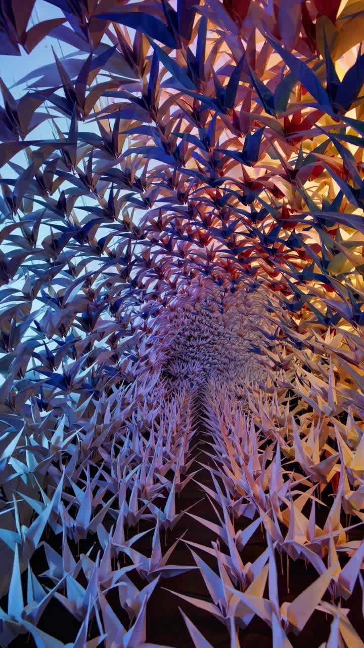 Flowing paper cranes create a mesmerizing tunnel of color and texture in a captivating art installation