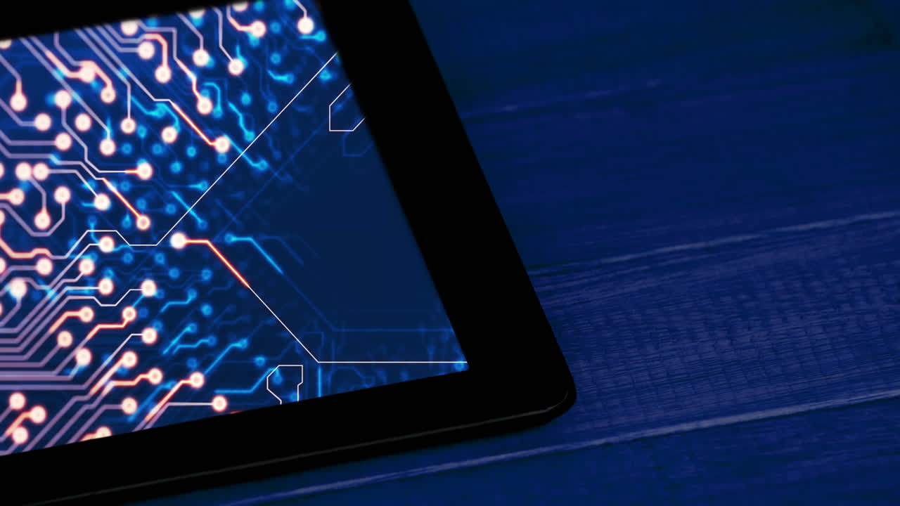 Animation of tablet with data processing on blue background