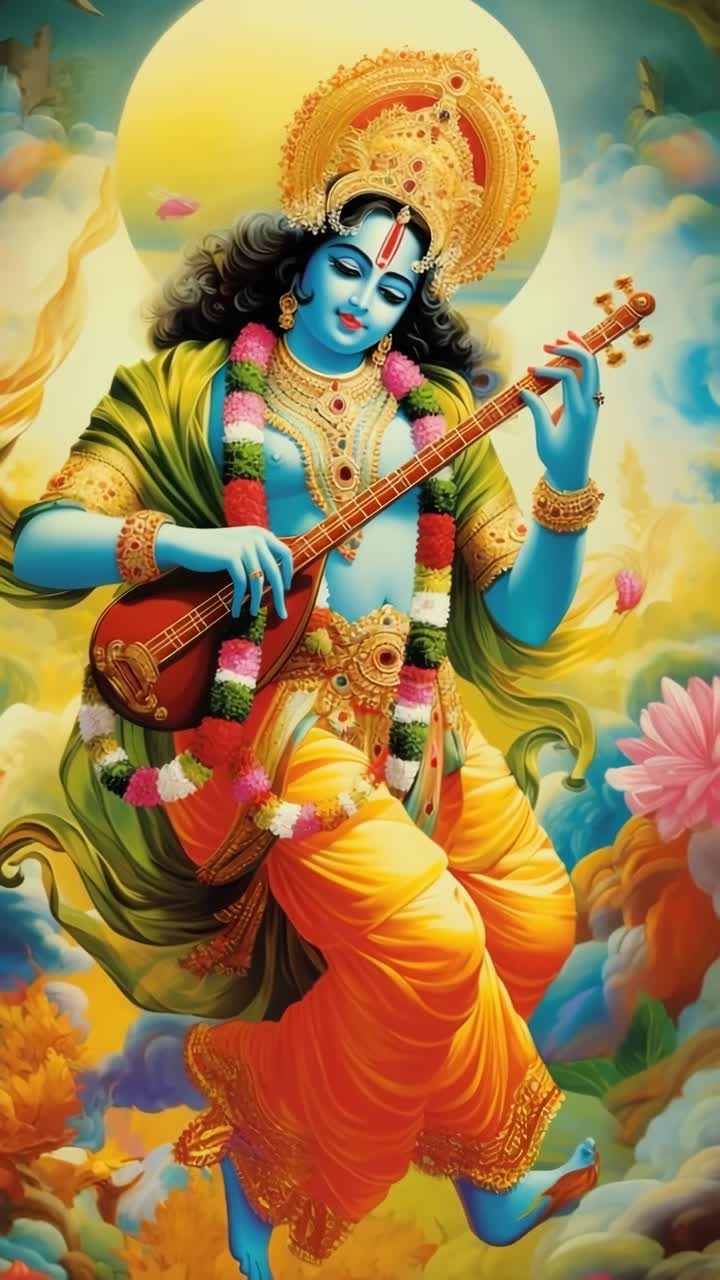 Vibrant, divine figure playing a string instrument, captured from a low angle