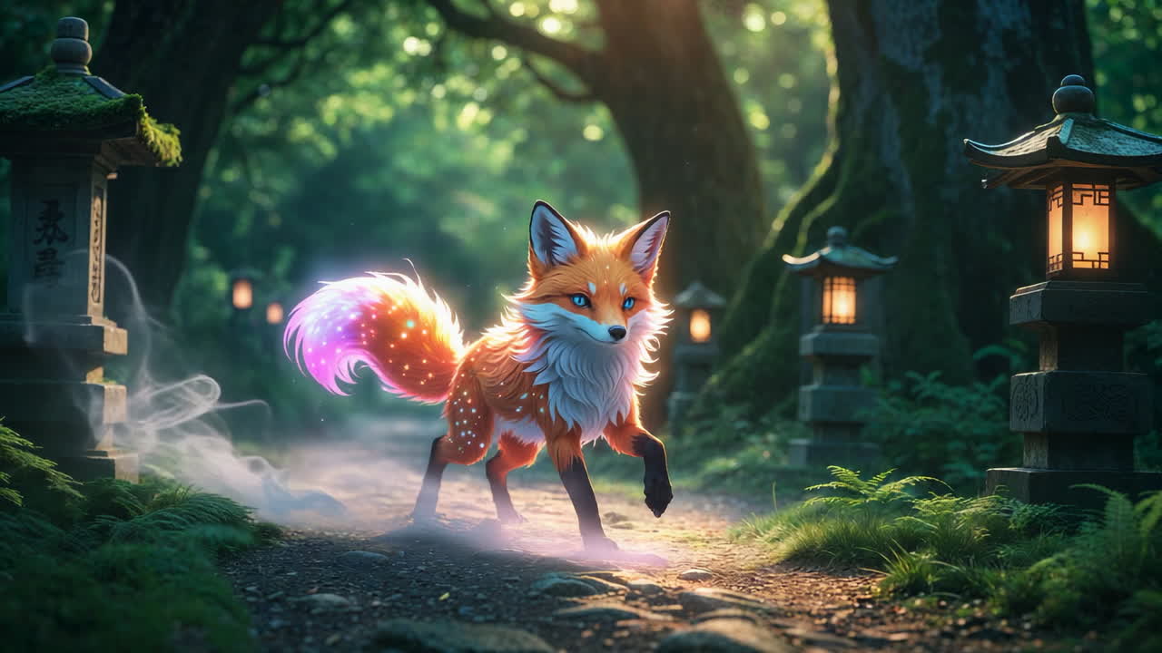 Una volpe mistica luminosa su un sentiero nel bosco con lanterne tradizionali