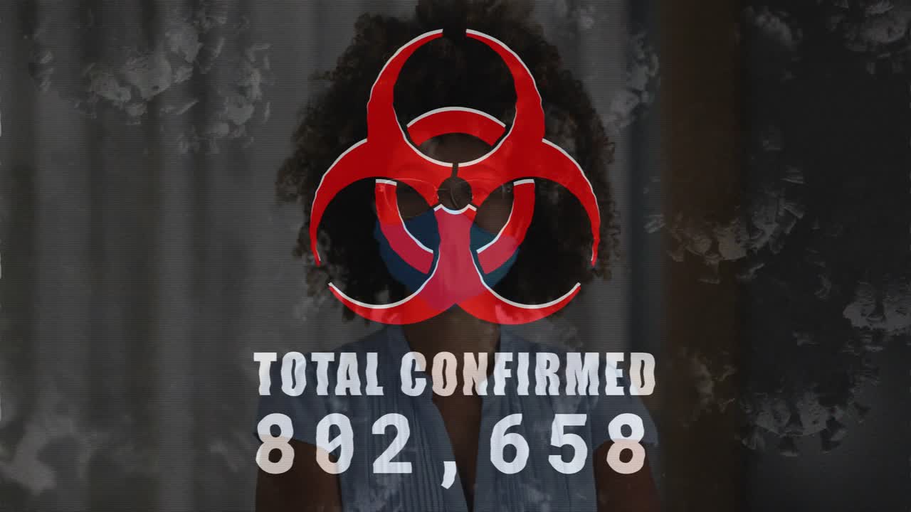 System updating totals, biohazard symbol hiding woman while counter climbing, showing health crisis