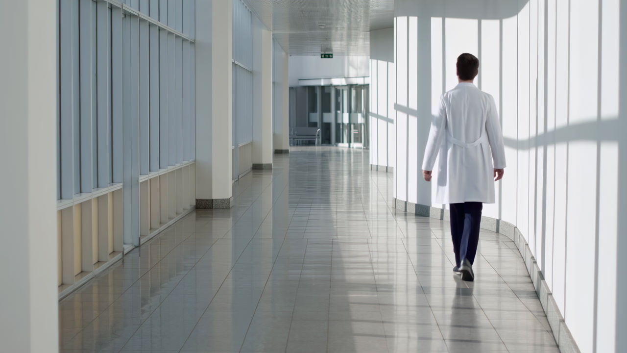 Doctor Walking Bright Hospital Corridor, Slow Steady Steps, Sunlit Windows Casting Long Shadows On Polished