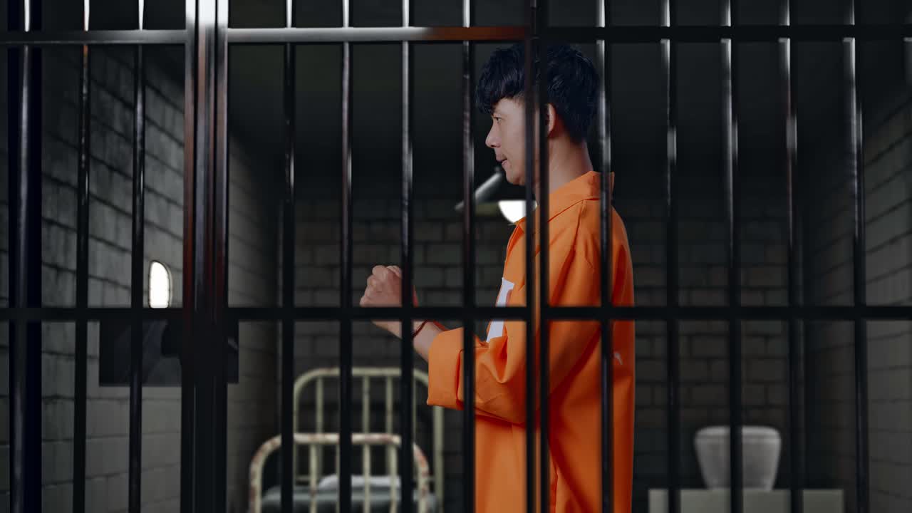 Side View Of Asian Male Prisoner In Handcuffs Standing In Prison, Raising Head And Looking To Camera In Anger