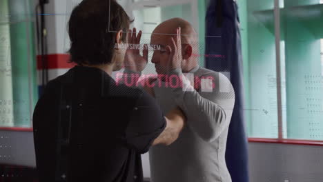 trainer guiding trainee in fitness gym, with animated guard diagrams and punching bag icons