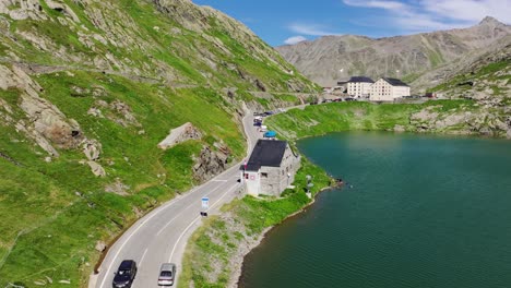 picturesque italy road, lac du grand saint bernard, alpine historic buildings