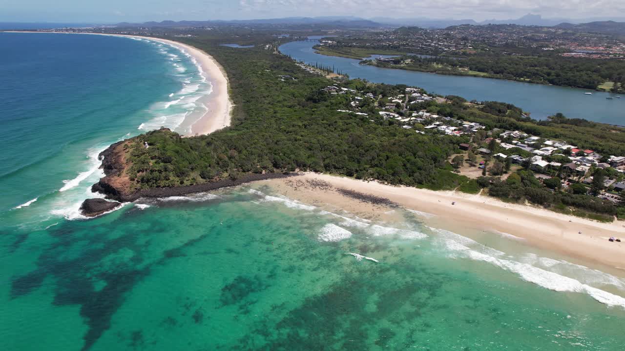 Panoramic View Over Dreamtime Beach And Fingal Head Beach In Fingal Head, NSW, Australia - Drone Shot