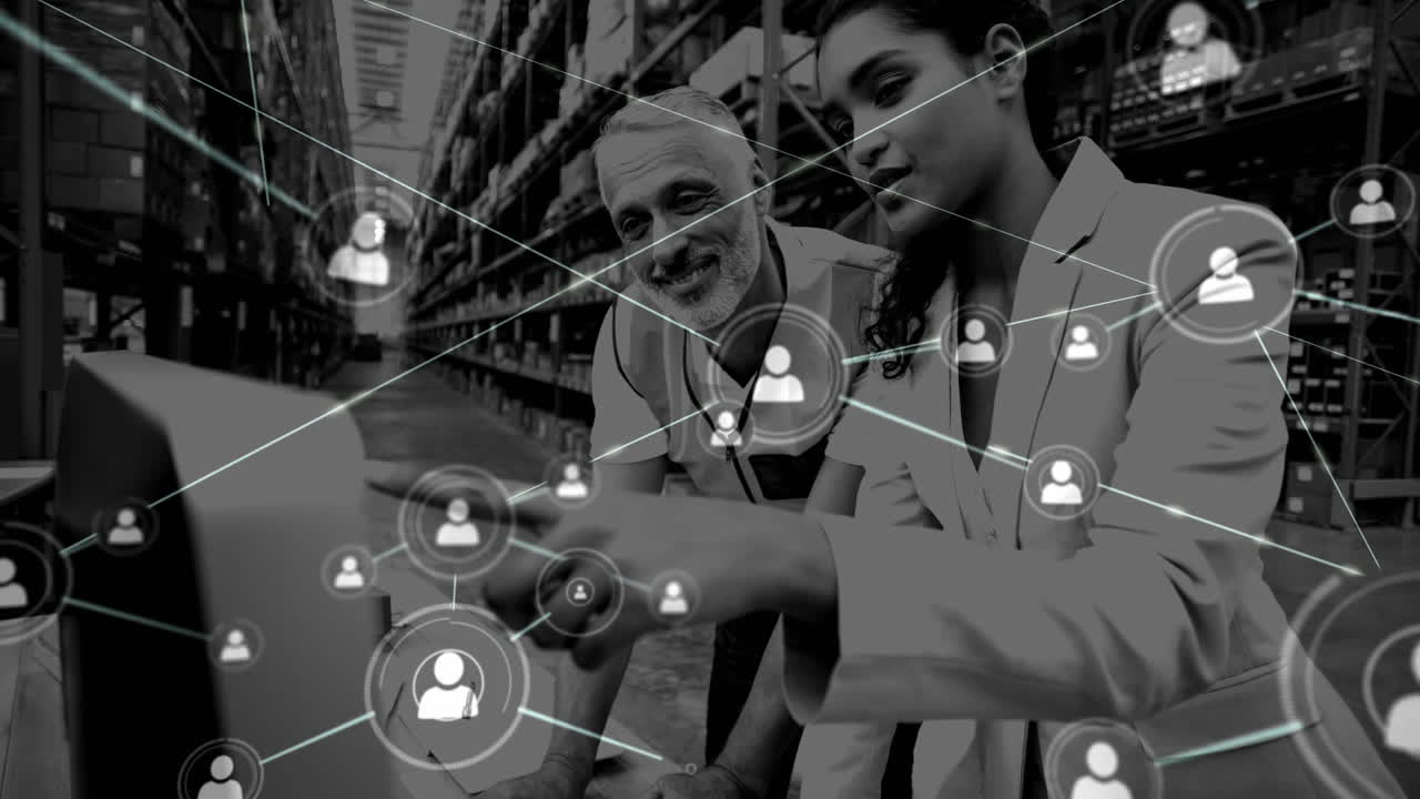 animación de la red de conexiones e iconos sobre los trabajadores en el almacén
