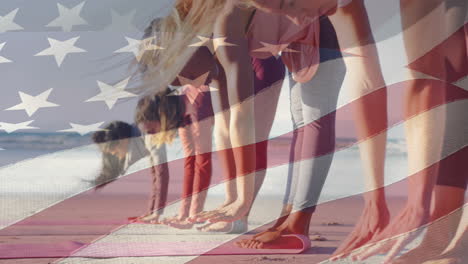 animation of american flag over diverse women exercising at beach