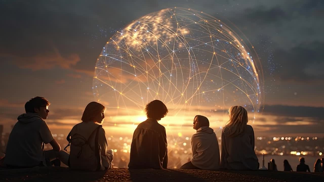 Friends enjoying sunset view while connected through technology