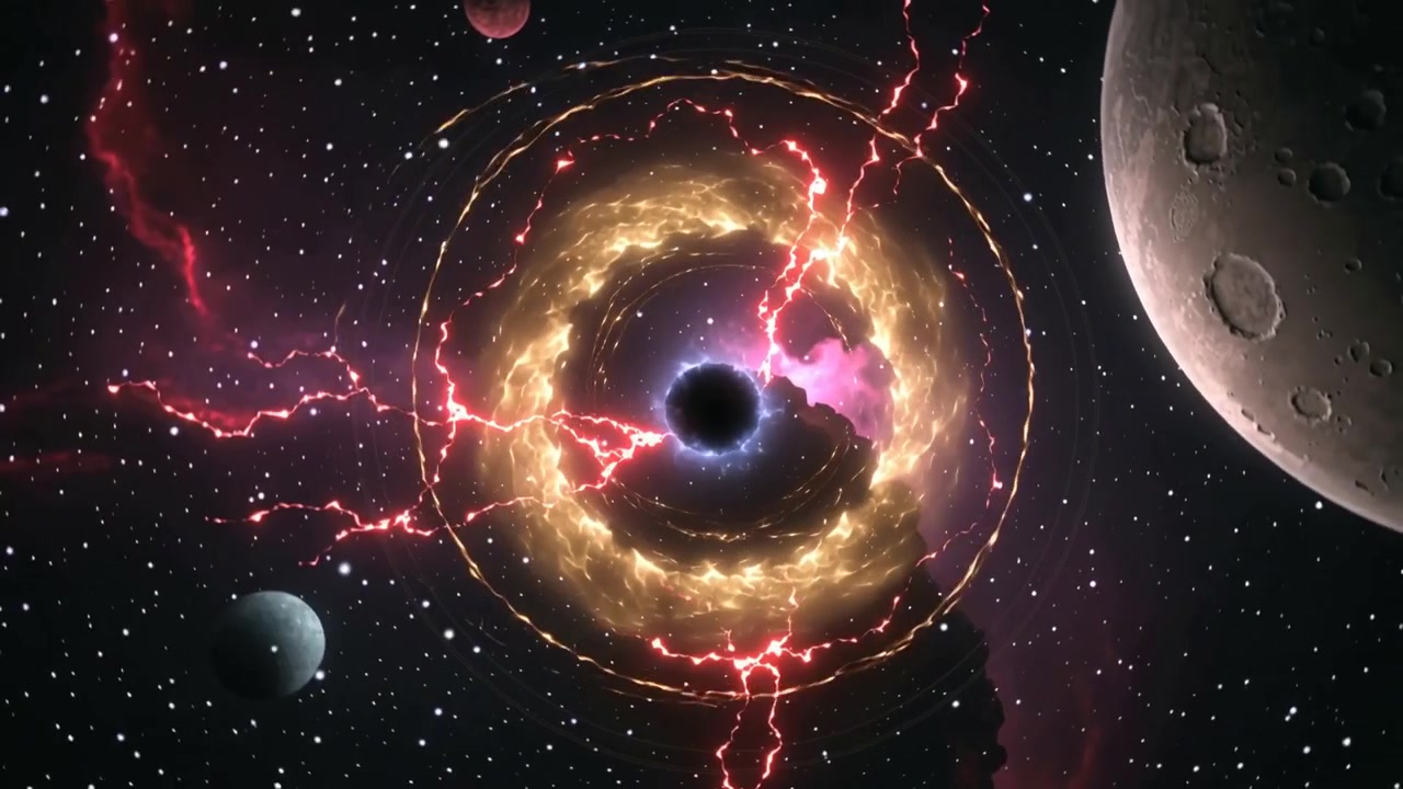 Zooming camera revealing golden-ringed void pulsing pink plasma and red arcs, moon, worlds in space