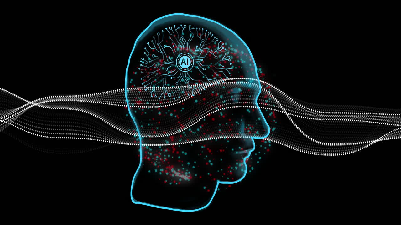 Animation of ai text, human head and digital data processing over connections
