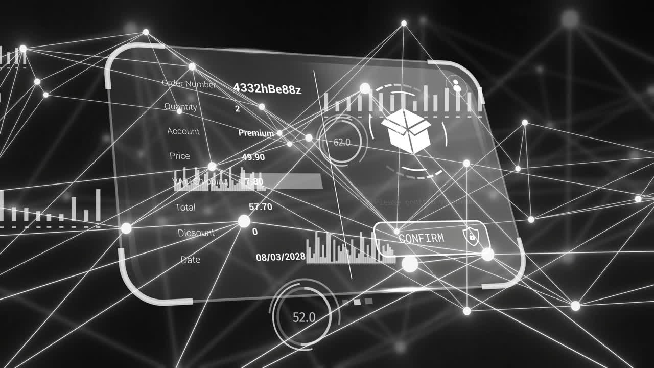 animación del procesamiento de datos con íconos sobre conexiones