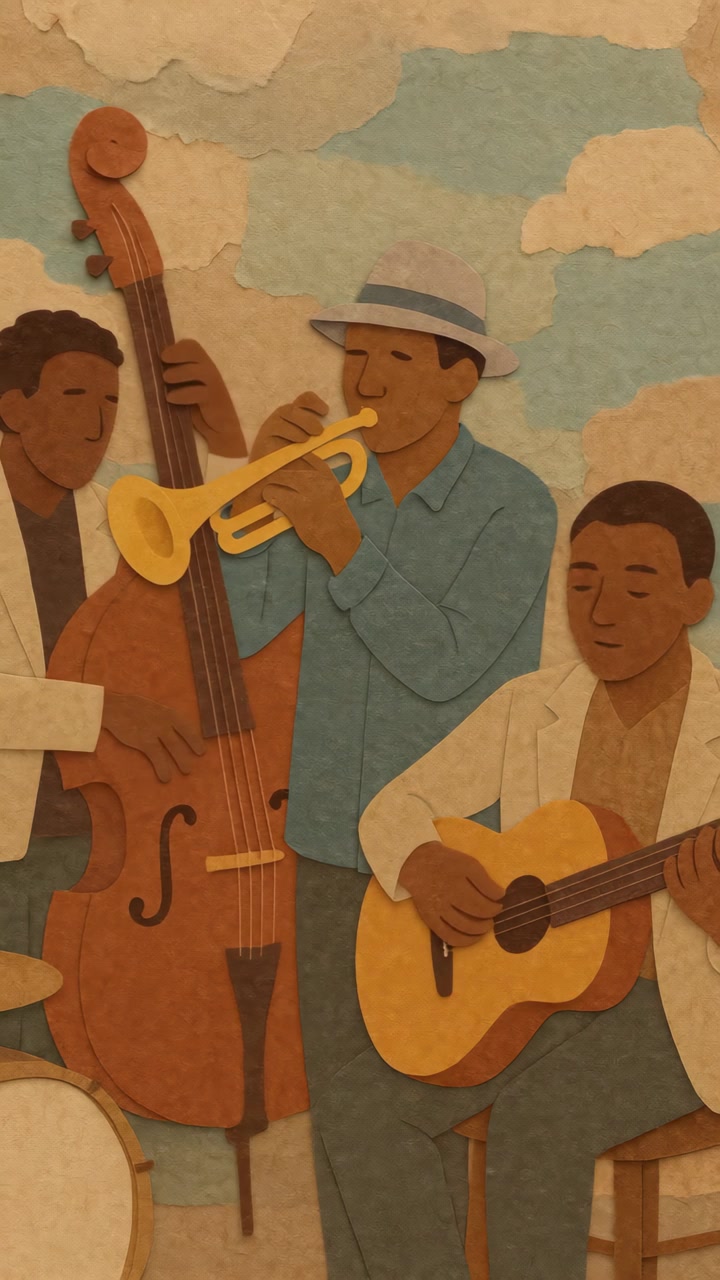 Animeret papirklip jazzband, der spiller musikinstrumenter